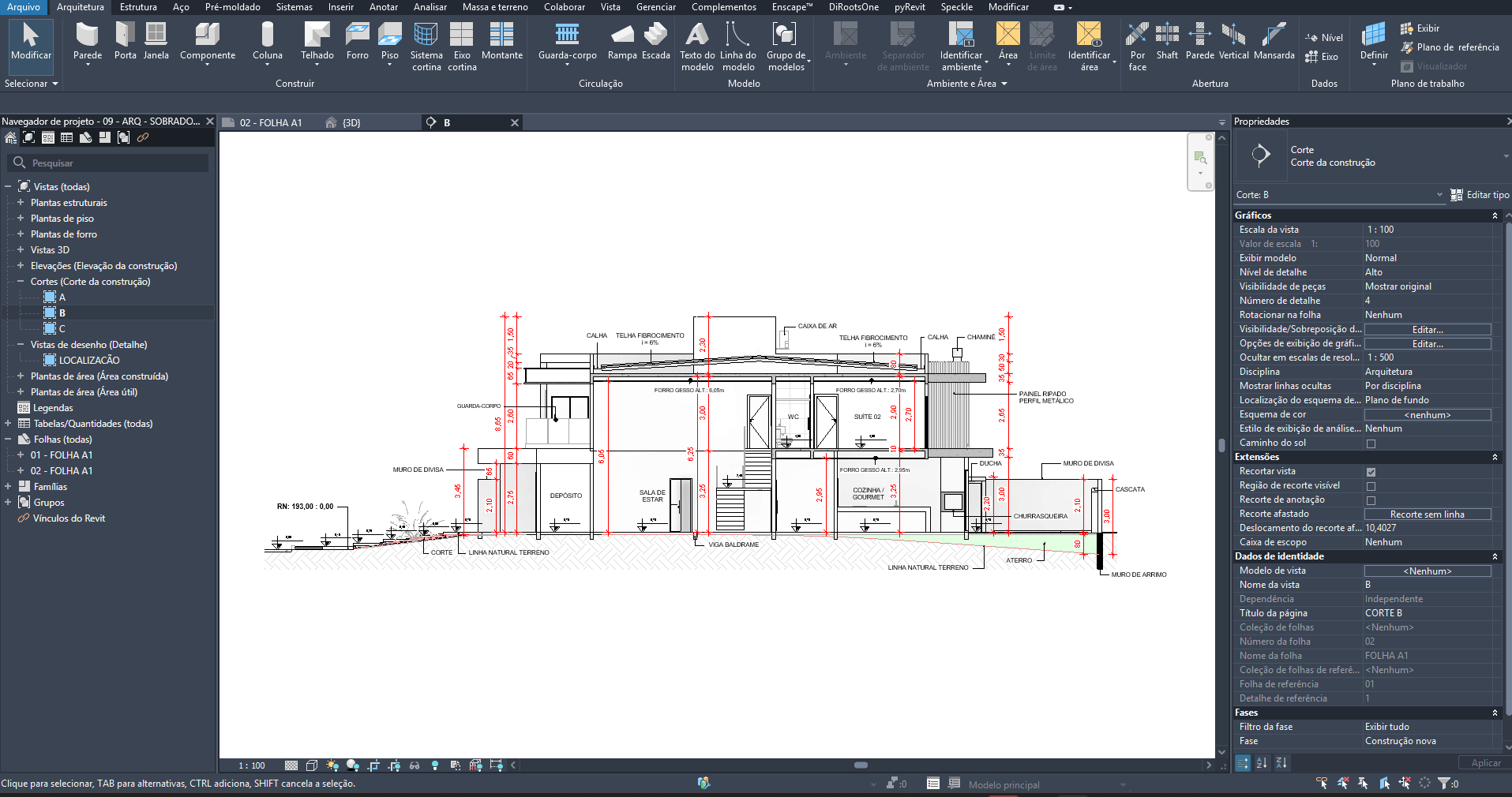 Corte construtivo com cotas